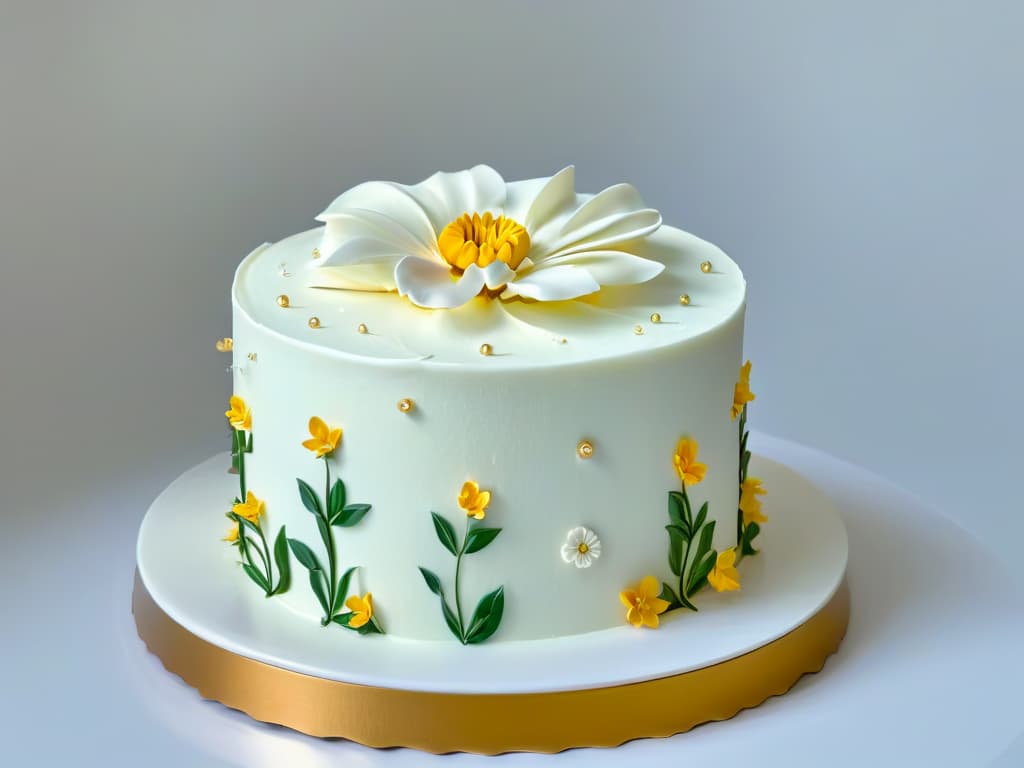  An ultradetailed closeup image of a perfectly frosted and meticulously decorated threetiered cake, showcasing intricate piping work, delicate edible flowers, and shimmering gold accents. The cake sits on a sleek, minimalist white cake stand, against a soft, blurred background that highlights the flawless craftsmanship and artistry of the pastry chef. hyperrealistic, full body, detailed clothing, highly detailed, cinematic lighting, stunningly beautiful, intricate, sharp focus, f/1. 8, 85mm, (centered image composition), (professionally color graded), ((bright soft diffused light)), volumetric fog, trending on instagram, trending on tumblr, HDR 4K, 8K