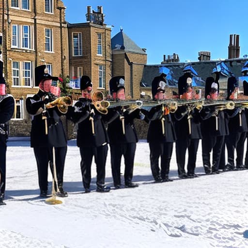  Grenadier Guard playing a trombone in the snow.  Buckingham Palance in the snow with snowmen dressed as guardsmen