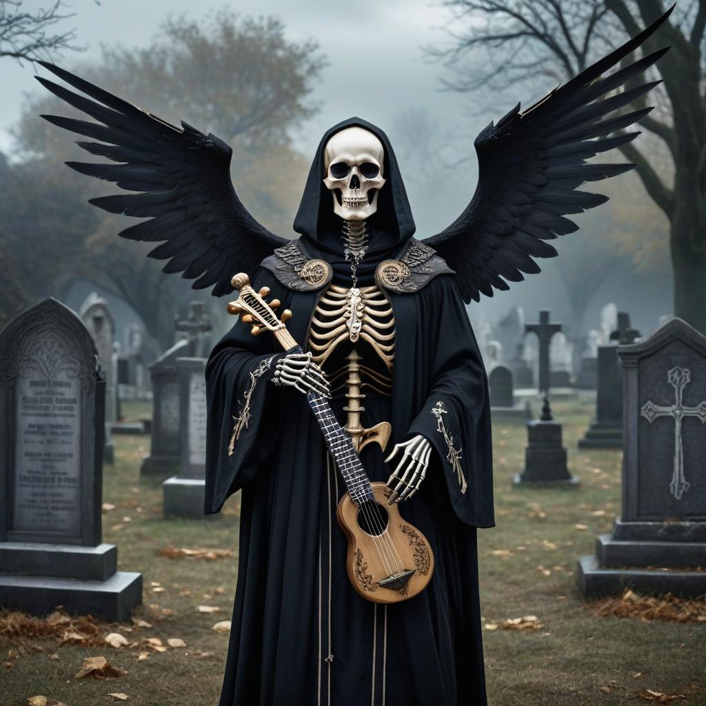  macabre style A skeleton with wings and a tail made of bones, with small horns, in a dark robe, holding a medieval lute, and wearing an amulet around its neck against a backdrop of an occult cemetery. . dark, gothic, grim, haunting, highly detailed hyperrealistic, full body, detailed clothing, highly detailed, cinematic lighting, stunningly beautiful, intricate, sharp focus, f/1. 8, 85mm, (centered image composition), (professionally color graded), ((bright soft diffused light)), volumetric fog, trending on instagram, trending on tumblr, HDR 4K, 8K