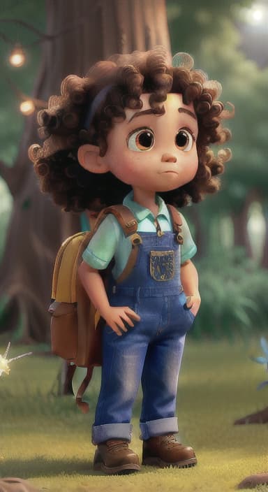  {The tree shining brightly and releasing a gentle, magical light., Riley, a curious with big brown eyes and curly hair, wearing overalls and carrying a small backpack. Their friend, Skye, a bluebird with shiny feathers.