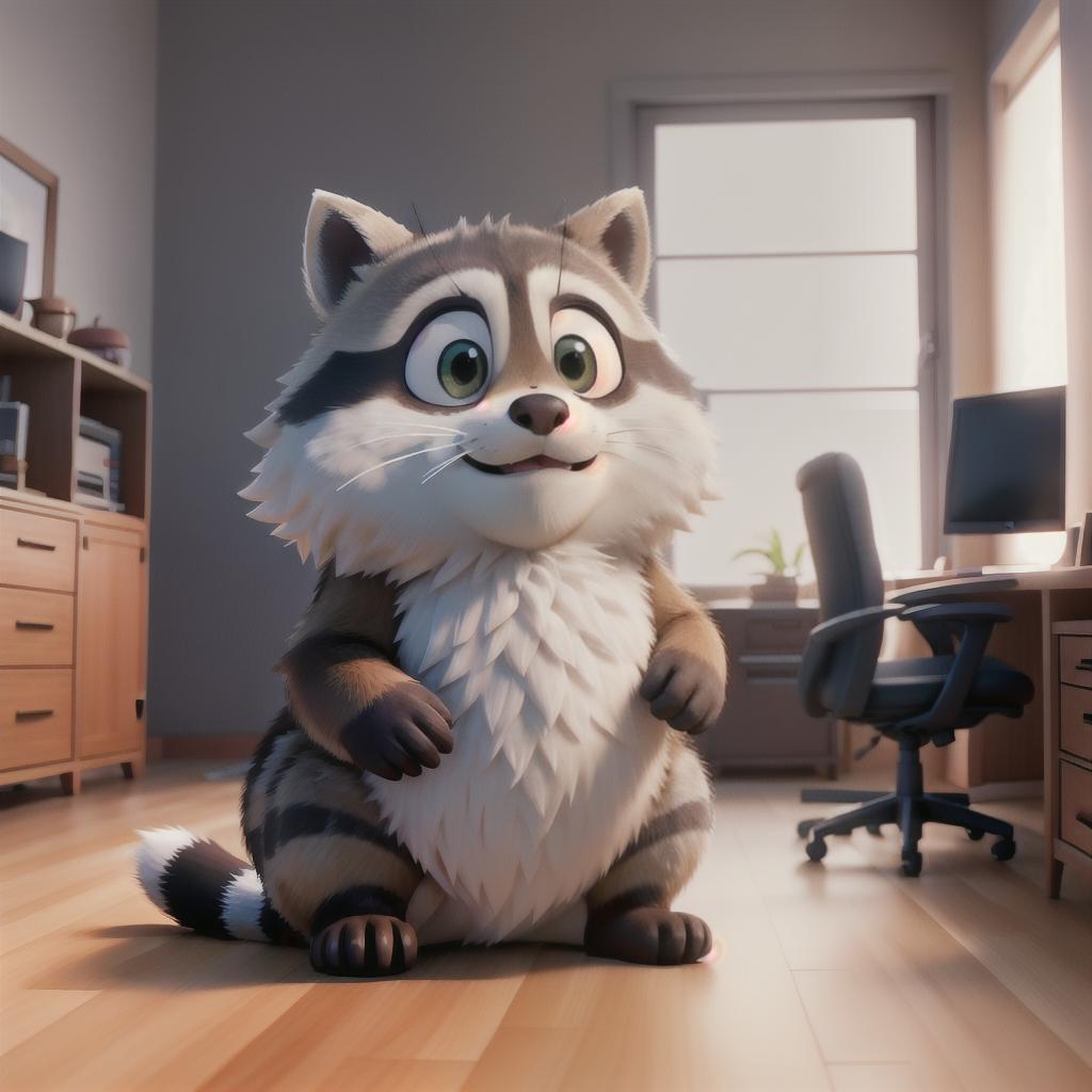  raccoon sitting in gaming chair front a computer on desktop, ((semi anthropomorphic)),(full body), tail, belly, sitting, fat, (chubby), (((white background))), solo, desktop, gaming chair, side view,  [[[clothes]]] hyperrealistic, full body, detailed clothing, highly detailed, cinematic lighting, stunningly beautiful, intricate, sharp focus, f/1. 8, 85mm, (centered image composition), (professionally color graded), ((bright soft diffused light)), volumetric fog, trending on instagram, trending on tumblr, HDR 4K, 8K