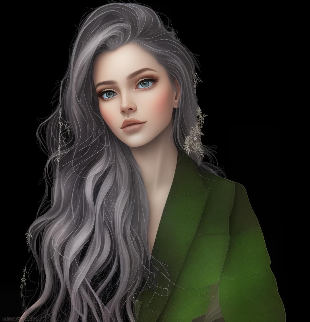 mdjrny-v4 style Create a Fantasy style avatar of a female Elf. Prominent Elf Ears, ears should be pointed, long, sharp, visible behind the hair. The character should have long, flowing silver hair, caught in a bun, adorned with delicate flowers. Her eyes should be almond shaped and bright green. She should wear an elegant, fitted tunic with intricate leaf patterns and embroidery. Her ears should be pointed and prominent, a defining feature of Elves. She should have a graceful and slender build, with pale, smooth skin.