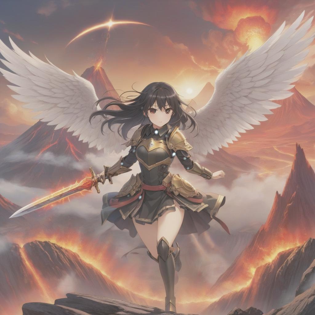  anime artwork Anime girl knight, long black hair, strikes sword, in a jump, with wings and a halo, against a volcano background. . anime style, key visual, vibrant, studio anime, highly detailed hyperrealistic, full body, detailed clothing, highly detailed, cinematic lighting, stunningly beautiful, intricate, sharp focus, f/1. 8, 85mm, (centered image composition), (professionally color graded), ((bright soft diffused light)), volumetric fog, trending on instagram, trending on tumblr, HDR 4K, 8K