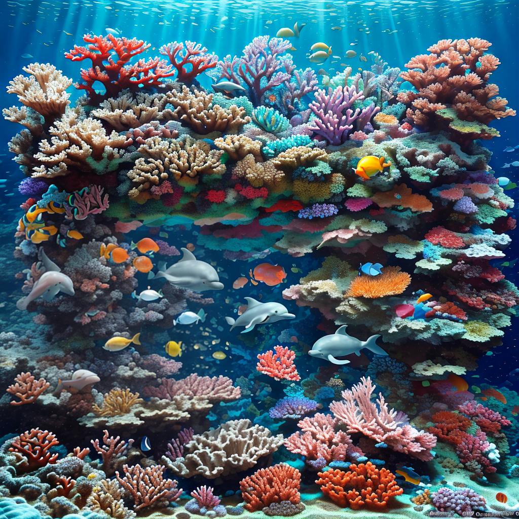  masterpiece, best quality, Most Beautiful in deep sea teeming with vibrant corals, diverse marine life, and enchanting underwater landscapes, full of corals, acrophore, small fishes, anemones, dolphin, various algaes, caves, colorful,all captured in stunning 8k resolution with intricate details.