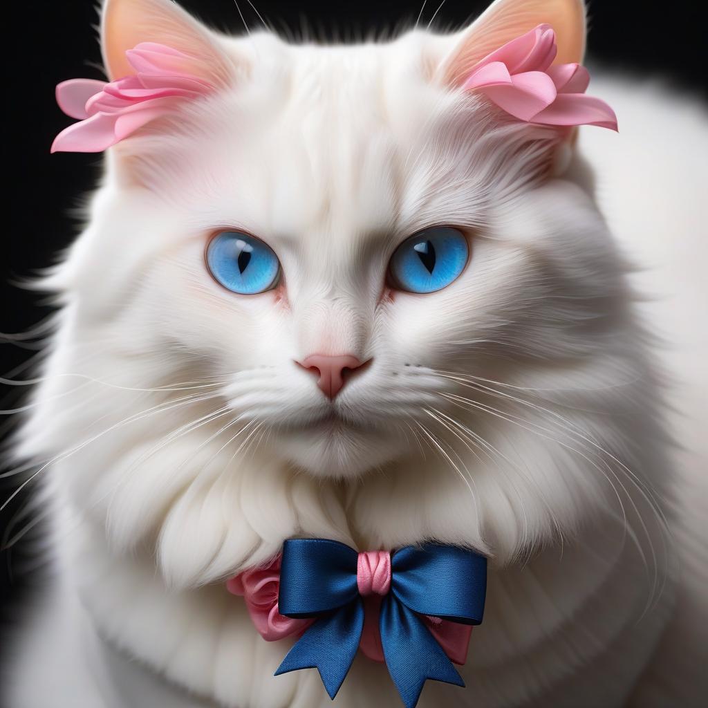  long exposure photo of A white cat with blue eyes and a pink bow on its neck, against a black background, with a rose comb nearby with the inscription "liko". . Blurred motion, streaks of light, surreal, dreamy, ghosting effect, highly detailed hyperrealistic, full body, detailed clothing, highly detailed, cinematic lighting, stunningly beautiful, intricate, sharp focus, f/1. 8, 85mm, (centered image composition), (professionally color graded), ((bright soft diffused light)), volumetric fog, trending on instagram, trending on tumblr, HDR 4K, 8K