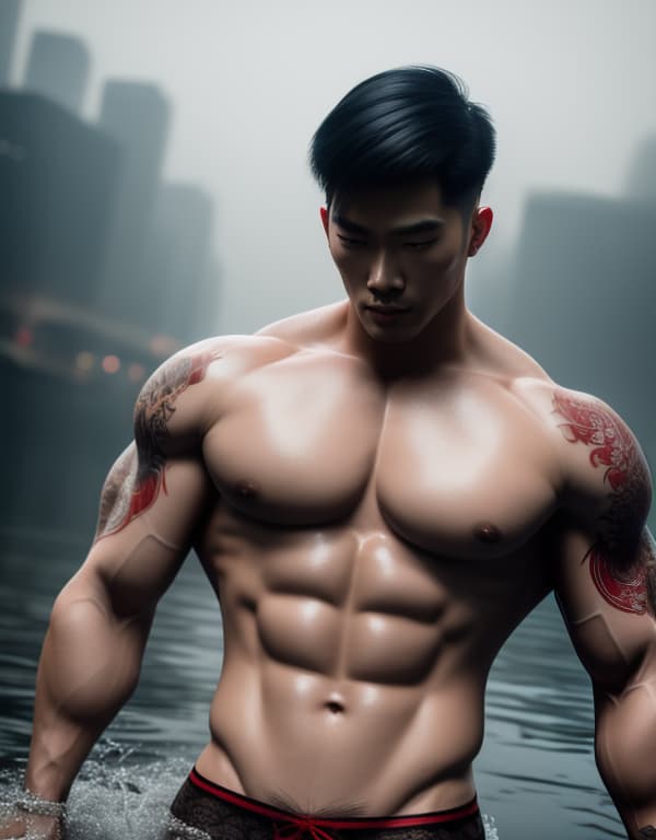  muscle, tattooed Chinese beautiful boy with white lace and red chest hair, lifting his in river， whole body，red chest hair hyperrealistic, full body, detailed clothing, highly detailed, cinematic lighting, stunningly beautiful, intricate, sharp focus, f/1. 8, 85mm, (centered image composition), (professionally color graded), ((bright soft diffused light)), volumetric fog, trending on instagram, trending on tumblr, HDR 4K, 8K