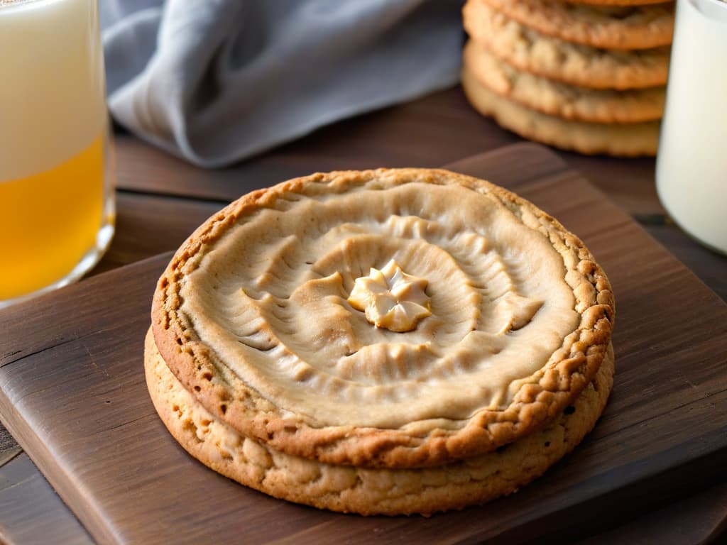  A closeup, ultradetailed image of a freshly baked gourmet oatmeal cookie resting on a rustic wooden table. The cookie is perfectly goldenbrown with a slight sheen, showcasing its crumbly texture speckled with hearty oats. A hint of steam rises delicately from the cookie, enhancing its inviting warmth. The background is softly blurred, emphasizing the cookie as the focal point and creating a serene, minimalistic composition. hyperrealistic, full body, detailed clothing, highly detailed, cinematic lighting, stunningly beautiful, intricate, sharp focus, f/1. 8, 85mm, (centered image composition), (professionally color graded), ((bright soft diffused light)), volumetric fog, trending on instagram, trending on tumblr, HDR 4K, 8K