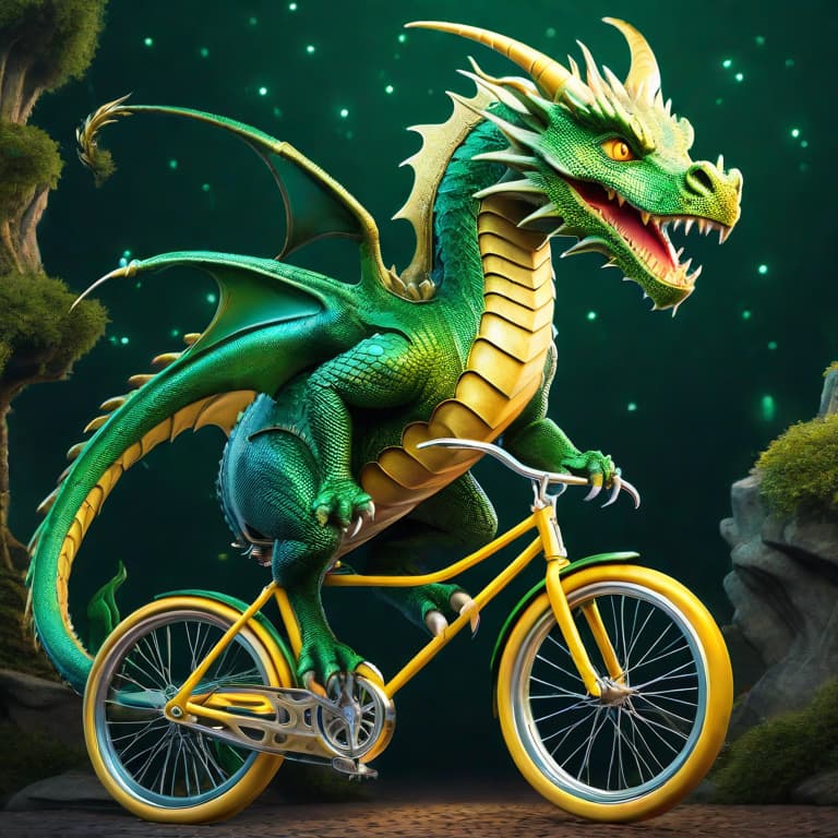  I would like a digital art illustration in a surrealist style. The image should be highly detailed, with a resolution of 4K and a sharp focus. The subject of the image is a dragon riding a bicycle in a wizarding world. The dragon is an awe-inspiring creature with shimmering scales in various shades of green and golden accents. It has piercing yellow eyes and sharp, curved horns on its head. The bicycle is an antique model with a bronze frame, adorned with intricate engravings and glowing runes. The wheels are large and spoked, covered in golden leaves. The wizarding world around them is filled with magical elements like floating books, flying brooms, and whimsical creatures such as unicorns and pixies. The lighting in the image is warm and 