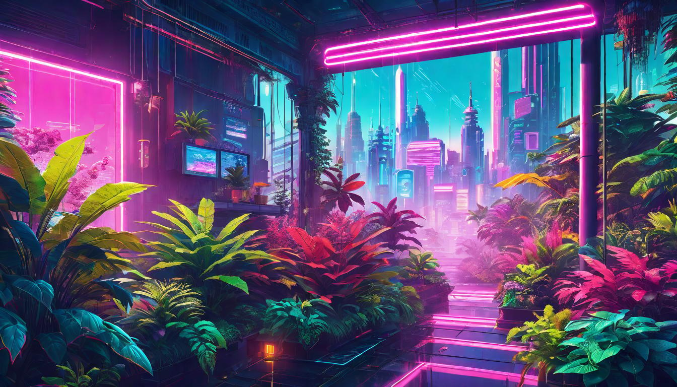  vaporwave,cyberpunk game style Vibrant, flourishing garden, unnatural vigor, plants thriving, earth responding to touch, harmonious growth, rich greeneryeon, dystopian, futuristic, digital, vibrant, detailed, high contrast, reminiscent of cyberpunk genre video games,retro aesthetic, cyberpunk, vibrant, neon colors, vintage 80s and 90s style, highly detailed