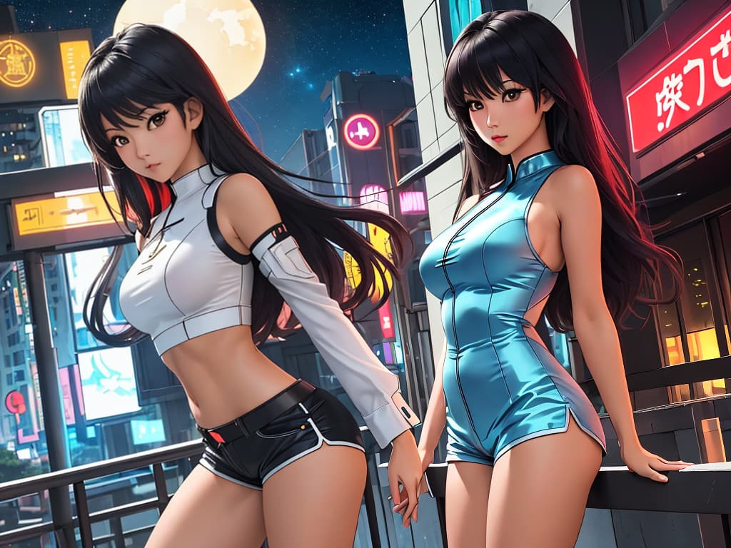  image: masterpiece, high quality, semi realistic anime, (professionally color graded), detailed clothing, highly detailed, cinematic lighting, perfect face, perfect body, 8k, HD, ((one beautiful asian woman)), slim waist, slim build, ((huge firm round s)), normal hips, medium sized round , fit, tanned, long dark neon hair, view: dynamic view, single view , location: sci fi love hotel in the city at night, clothing: sci fi lingirie, short shorts, pose: pose