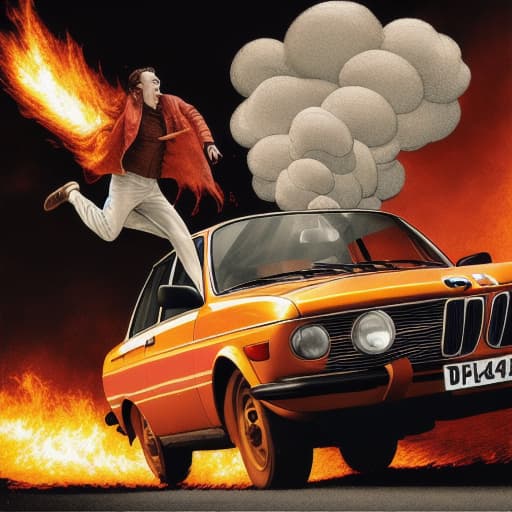  Create an image of a realistic action-packed scene featuring a vintage BMW car jumping towards the viewer. In the background, a massive, fiery explosion with smoke and flames dominates the scene. Debris is scattered in the air around the car, suggesting a high-impact explosion. A man and a woman are depicted in mid-air above the car, both wearing dark clothing and looking terrified as they leap away from the blast. The man is to the left of the woman, with his body angled slightly towards the camera, showing a look of shock. The woman is on the right, her body parallel to the man's with her mouth open in a scream. The lighting emphasizes the intense orange and yellow hues of the explosion engulfing the dark sky, casting dramatic shadows and