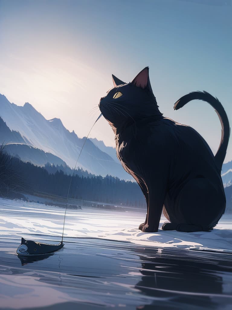  (((釣り猫、black cat that fishing small fish、black cat fishing with a tail:1.4)))、((icon、symbol design))、black cat & small fish、(long shot:1.6、on the frozen lake)、best quality:1.4、masterpiece:1.4、ultra detailed texture、RAW photorealistic、absurd resolution、8K illustration、no background、💩、💩、💩、💩、💩、, masterpiece, best quality,8k,ultra detailed,high resolution,an extremely delicate and beautiful,hyper detail