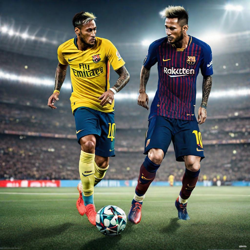  Neymar vs messi hyperrealistic, full body, detailed clothing, highly detailed, cinematic lighting, stunningly beautiful, intricate, sharp focus, f/1. 8, 85mm, (centered image composition), (professionally color graded), ((bright soft diffused light)), volumetric fog, trending on instagram, trending on tumblr, HDR 4K, 8K