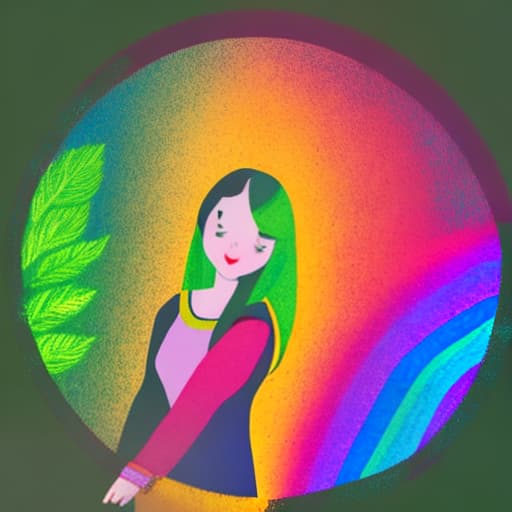  A circle where a girl has hair in rainbow color with different color of leaves and straight posture