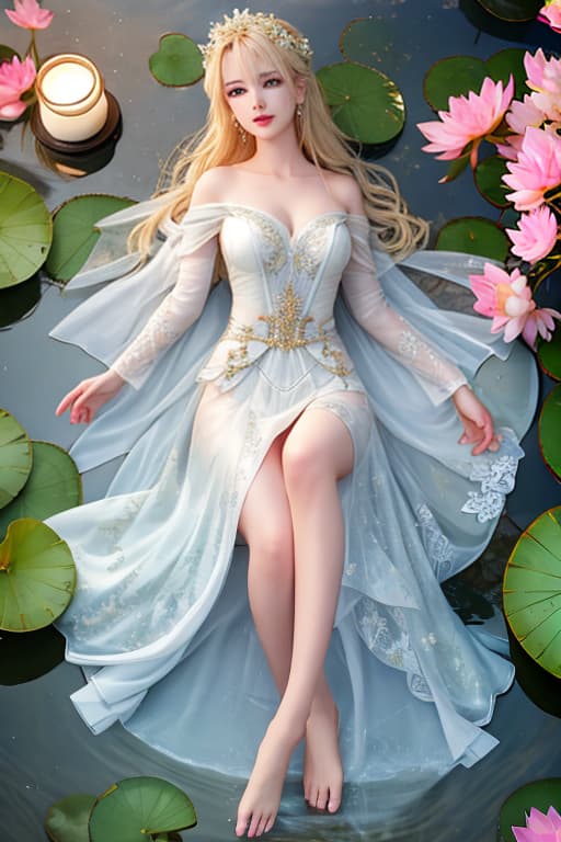  Blonde Fairy Classical beautiful bare feet soak in lotus pond water clear water a lot of wash her fair beautiful feet Her feet very smelly white wedding dress hyperrealistic, full body, detailed clothing, highly detailed, cinematic lighting, stunningly beautiful, intricate, sharp focus, f/1. 8, 85mm, (centered image composition), (professionally color graded), ((bright soft diffused light)), volumetric fog, trending on instagram, trending on tumblr, HDR 4K, 8K