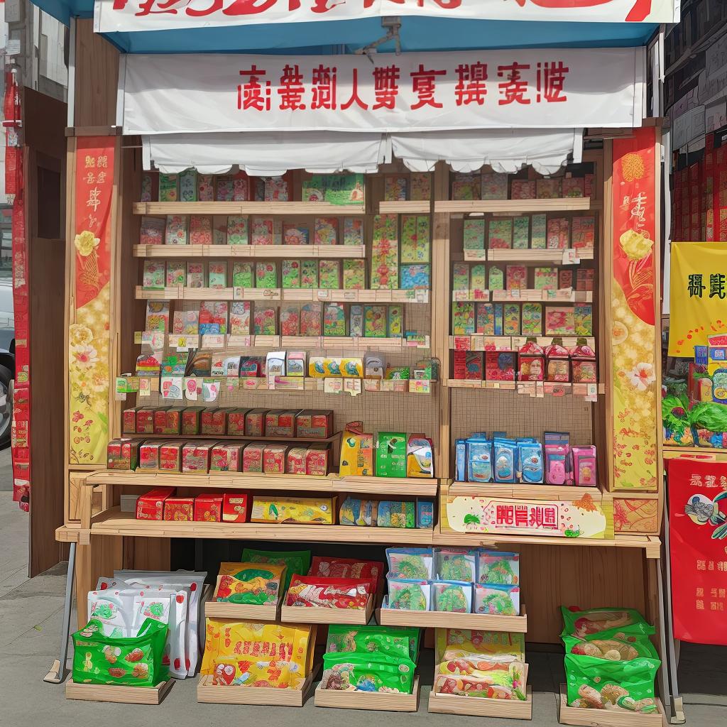  Masterpiece, best quality, a mobile stall, called "Mi Jia Grocery Store,"mainly selling small toys and gifts. The style should be realistic, looking like a real life photo. The text in the picture is changed to simplified Chinese, and the title of the stall is "Mi Jia Grocery Store"in Chinese.