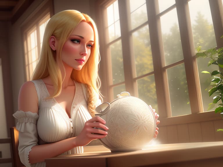  In a sun room, a blond girl washes a wooden dining table style photography. hyperrealistic, full body, detailed clothing, highly detailed, cinematic lighting, stunningly beautiful, intricate, sharp focus, f/1. 8, 85mm, (centered image composition), (professionally color graded), ((bright soft diffused light)), volumetric fog, trending on instagram, trending on tumblr, HDR 4K, 8K