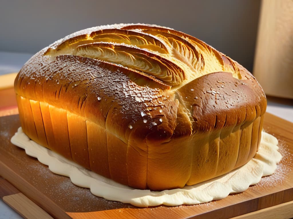  A closeup, ultradetailed image of a perfectly risen, goldenbrown loaf of bread with a delicate dusting of flour on top, sitting on a rustic wooden cutting board. The texture of the crust should be visible, showcasing the intricate patterns created during baking. The lighting should be soft, emphasizing the bread's warm hues and inviting aroma, making the viewer almost able to smell the freshly baked goodness emanating from the image. hyperrealistic, full body, detailed clothing, highly detailed, cinematic lighting, stunningly beautiful, intricate, sharp focus, f/1. 8, 85mm, (centered image composition), (professionally color graded), ((bright soft diffused light)), volumetric fog, trending on instagram, trending on tumblr, HDR 4K, 8K