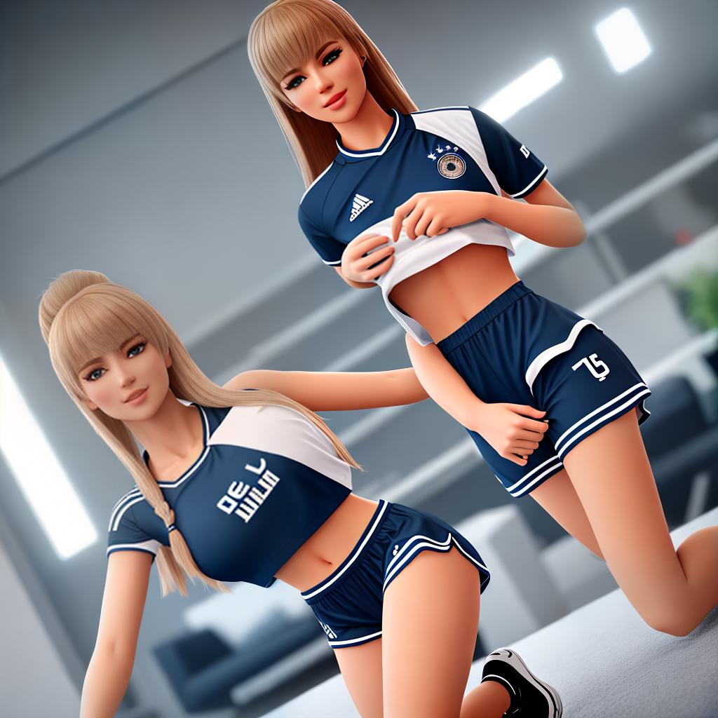  beautiful german girl in the uniform of the german football team, wearing short dolphin shorts and a sports top, cute, hyper detail, full HD hyperrealistic, full body, detailed clothing, highly detailed, cinematic lighting, stunningly beautiful, intricate, sharp focus, f/1. 8, 85mm, (centered image composition), (professionally color graded), ((bright soft diffused light)), volumetric fog, trending on instagram, trending on tumblr, HDR 4K, 8K