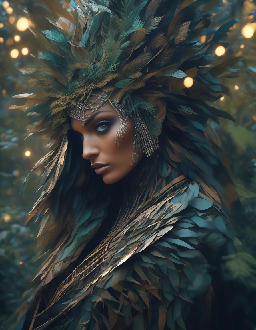  A stunning digital painting of a mysterious forest woman with intricate details, geometric patterns, and surreal elements. The artwork is highly detailed, photorealistic, and beautifully balanced, showcasing a masterful blend of fantasy and realism. hyperrealistic, full body, detailed clothing, highly detailed, cinematic lighting, stunningly beautiful, intricate, sharp focus, f/1. 8, 85mm, (centered image composition), (professionally color graded), ((bright soft diffused light)), volumetric fog, trending on instagram, trending on tumblr, HDR 4K, 8K