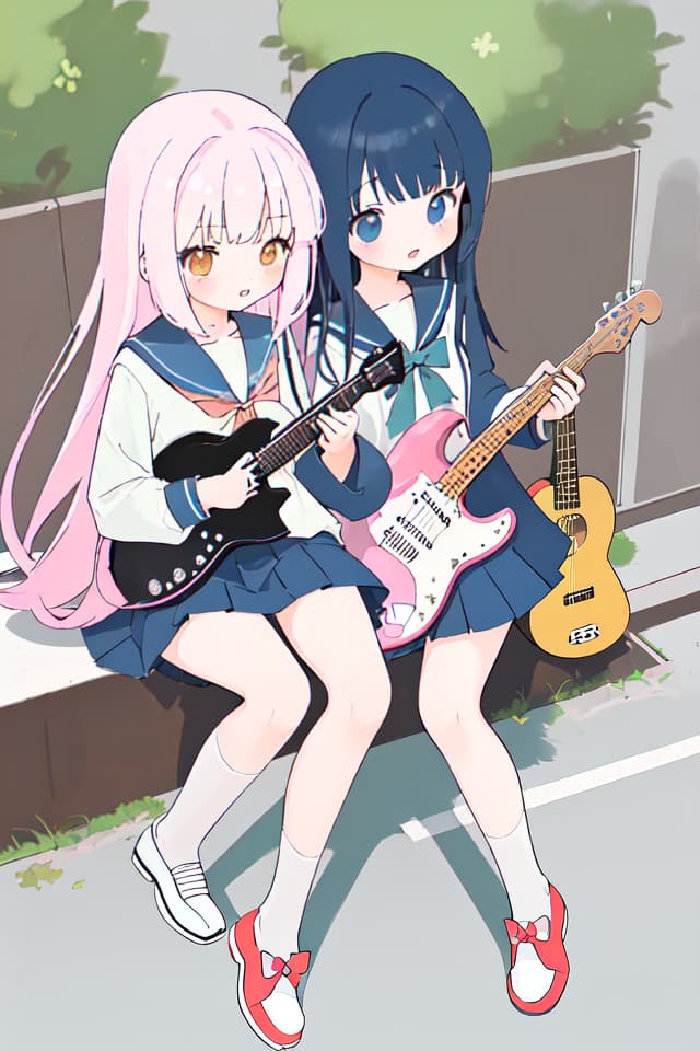  High school girl, mini character, cute, electric guitar, long hair, hanging, sitting on the ground, sailor suit, electric guitar, two heads