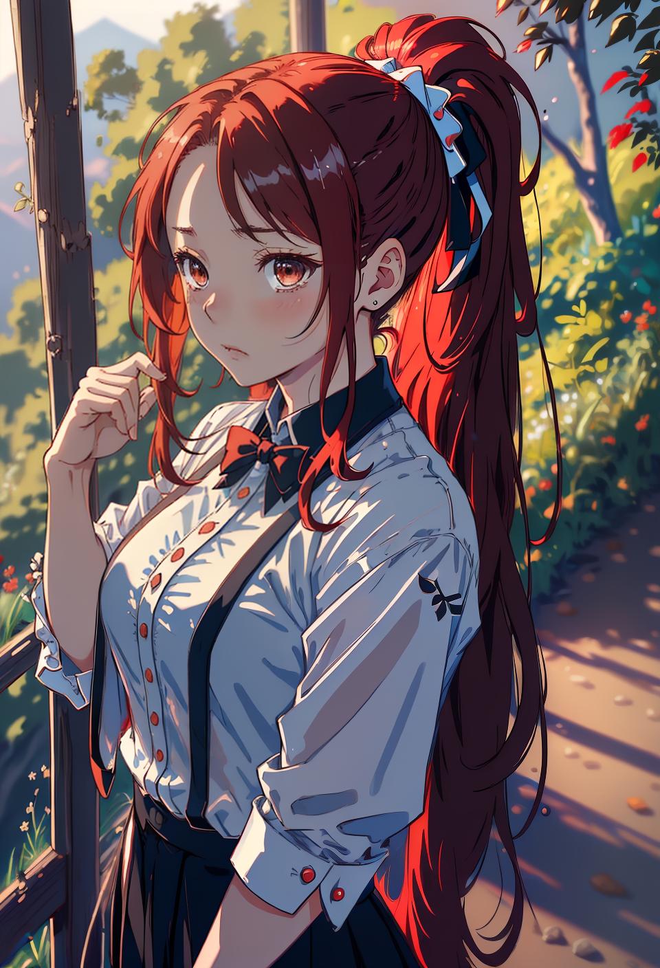  ((trending, highres, masterpiece, cinematic shot)), 1girl, chibi, female formal wear, hiking scene, very long messy red hair, short ponytail, large brown eyes, high class, elegant personality, sleepy expression, grey skin, orderly, lucky
