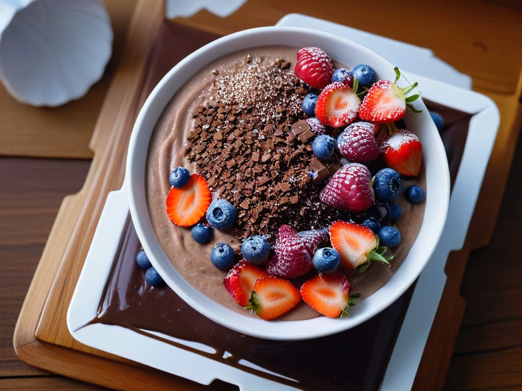  A closeup, photorealistic image of a decadent chocolate chia seed pudding topped with vibrant mixed berries and a sprinkle of chia seeds. The glossy texture of the pudding reflects the light, showcasing the intricate details of the chia seeds suspended within the velvety dessert. The vibrant colors of the fresh berries create a visually striking contrast against the rich chocolate backdrop, inviting the viewer to indulge in the luscious and nutritious treat. hyperrealistic, full body, detailed clothing, highly detailed, cinematic lighting, stunningly beautiful, intricate, sharp focus, f/1. 8, 85mm, (centered image composition), (professionally color graded), ((bright soft diffused light)), volumetric fog, trending on instagram, trending on tumblr, HDR 4K, 8K