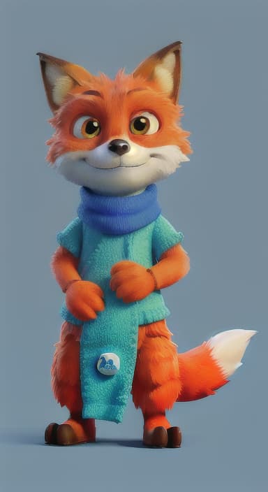  {Error the fox pressing the blue button with his paw, looking puzzled as nothing occurs., Error is a small, bright orange fox with a fluffy tail and big, inquisitive eyes. He has a mischievous yet kind expression and wears a tiny green scarf.