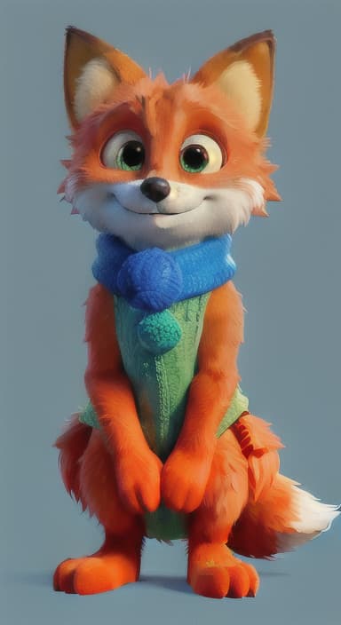  {Error the fox pressing the blue button with his paw, looking puzzled as nothing occurs., Error is a small, bright orange fox with a fluffy tail and big, inquisitive eyes. He has a mischievous yet kind expression and wears a tiny green scarf.