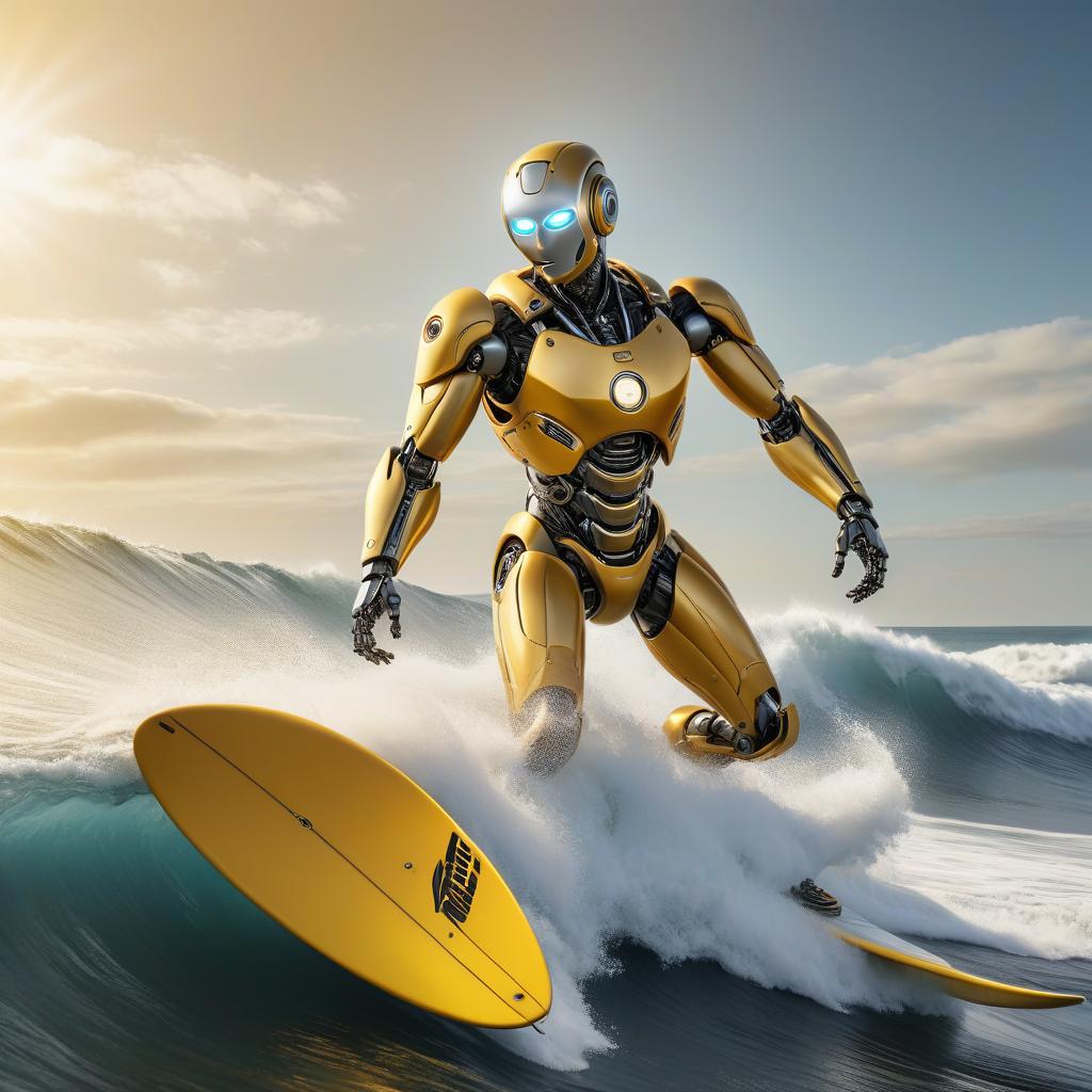  For advertising lubricants, slogan enjoy sliding: a robot from bearings glides on surfing along a yellow sea wave, illustration for advertising, caption "enjoy sliding" hyperrealistic, full body, detailed clothing, highly detailed, cinematic lighting, stunningly beautiful, intricate, sharp focus, f/1. 8, 85mm, (centered image composition), (professionally color graded), ((bright soft diffused light)), volumetric fog, trending on instagram, trending on tumblr, HDR 4K, 8K