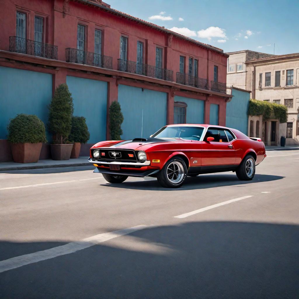  1973 Ford Mustang, classic muscle car, parked on an empty street during a sunny day. The car is in pristine condition with a shiny, bright red paint job. Chrome bumpers and accents are polished to a mirror finish. The iconic Mustang logo is visible on the grille. In the background, there's a clear blue sky with a few scattered clouds. hyperrealistic, full body, detailed clothing, highly detailed, cinematic lighting, stunningly beautiful, intricate, sharp focus, f/1. 8, 85mm, (centered image composition), (professionally color graded), ((bright soft diffused light)), volumetric fog, trending on instagram, trending on tumblr, HDR 4K, 8K