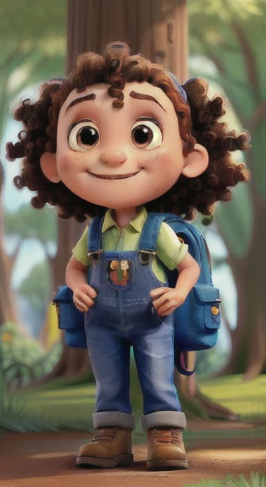  {The tree with a smiling face formed by its bark, looking down at Riley., Riley, a curious with big brown eyes and curly hair, wearing overalls and carrying a small backpack. Their friend, Skye, a bluebird with shiny feathers.