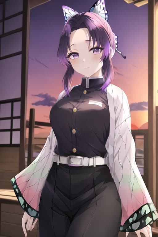  beautiful women,,masterpiece, best quality, kochou shinobu, multicolored hair, no bangs, hair intakes, purple eyes, forehead, black shirt, black pants, haori, butterfly, buttons, belt,Sunset, sunset behind her, sunset background, masterpiece, best quality, high quality, solo