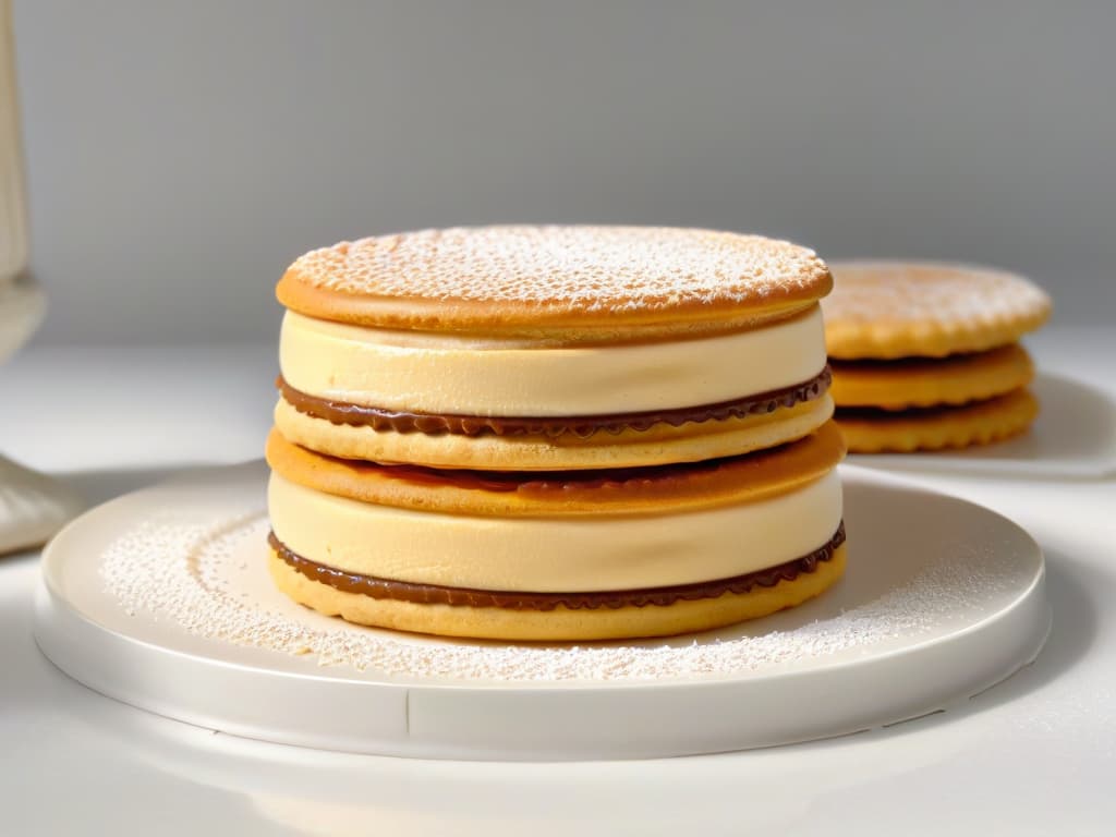  A closeup, ultradetailed image of a delicate alfajor, a traditional South American dessert, with layers of dulce de leche sandwiched between two perfectly golden, crumbly cookies, dusted with a light sprinkling of powdered sugar on a sleek, modern white plate. The dulce de leche oozes slightly from the sides, showcasing the richness and sweetness of this classic treat in a minimalistic and elegant presentation. hyperrealistic, full body, detailed clothing, highly detailed, cinematic lighting, stunningly beautiful, intricate, sharp focus, f/1. 8, 85mm, (centered image composition), (professionally color graded), ((bright soft diffused light)), volumetric fog, trending on instagram, trending on tumblr, HDR 4K, 8K