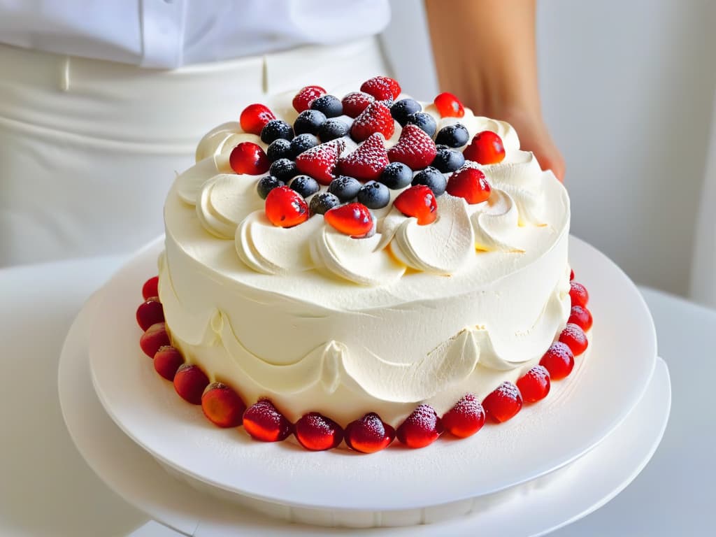  A closeup, ultradetailed image of a perfectly whipped meringue mixture being delicately folded with vibrant red berries and glossy red currants, set against a pristine white bowl, showcasing the glossy peaks and swirls of the sweet pavlova base being prepared for a special occasion. hyperrealistic, full body, detailed clothing, highly detailed, cinematic lighting, stunningly beautiful, intricate, sharp focus, f/1. 8, 85mm, (centered image composition), (professionally color graded), ((bright soft diffused light)), volumetric fog, trending on instagram, trending on tumblr, HDR 4K, 8K