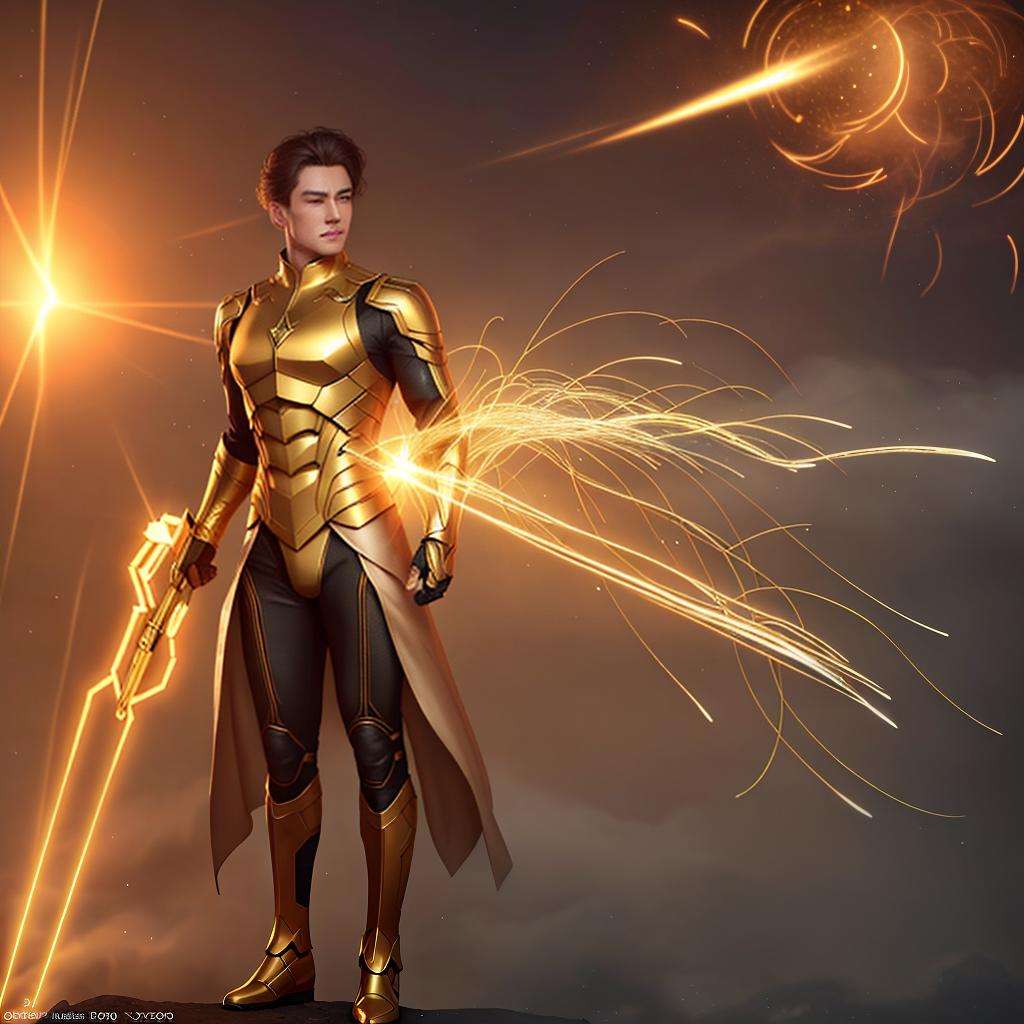  Film cover Man in golden futuristic uniform fighting against enemies. Golden explosion in the city with sparks, smoke and fog, golden translucent spheres hyperrealistic, full body, detailed clothing, highly detailed, cinematic lighting, stunningly beautiful, intricate, sharp focus, f/1. 8, 85mm, (centered image composition), (professionally color graded), ((bright soft diffused light)), volumetric fog, trending on instagram, trending on tumblr, HDR 4K, 8K