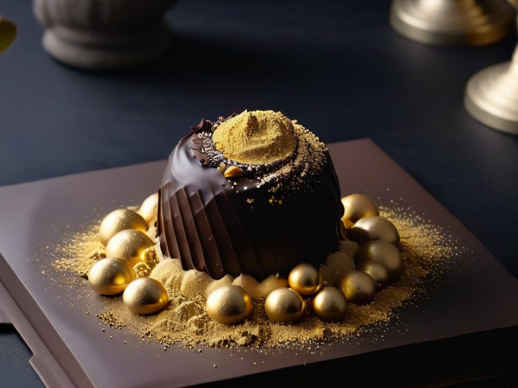  A closeup, ultradetailed image of a delicate chocolate truffle being coated with shimmering edible gold dust, set against a matte black background. The gold dust is gently dusted onto the truffle, creating a mesmerizing contrast between the rich, dark chocolate and the luxurious golden hue. The intricate details of the truffle's textured surface and the fine particles of gold dust are captured with stunning clarity, evoking a sense of elegance and decadence. hyperrealistic, full body, detailed clothing, highly detailed, cinematic lighting, stunningly beautiful, intricate, sharp focus, f/1. 8, 85mm, (centered image composition), (professionally color graded), ((bright soft diffused light)), volumetric fog, trending on instagram, trending on tumblr, HDR 4K, 8K