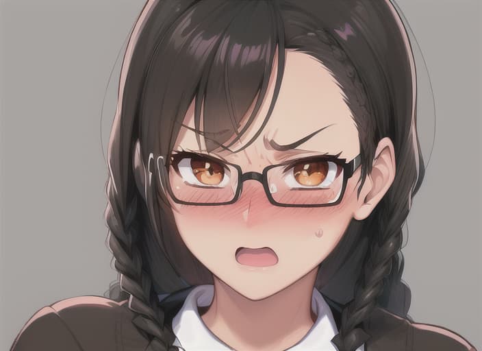  (((SFW))), detailed illustration of a woman, ((((flustered)))), ((yelling at viewer)), ((((nose blush)))), ((comical)), ((((funny)))), ((face closeup)), ((masterpiece)), highres, absurdres, ultra detailed, HD, 8K, wallpaper, ((jet black hair)), (((double braided hairstyle))), ((brown eyes)), ((perfect eyes)), prominent pupils, detailed eyes, detailed nose, detailed mouth, detailed hair, (((simple background))), (((rectangular glasses with black frame))), (large breasts), ((brown sweater)), embarassed expression, expressive eyes, ((perfect eyes)), (nice hands), simple background, (fine detail), prominent outline, sharp nose, (perfect eyes), expressive eyes, shiny lens, ((HD))