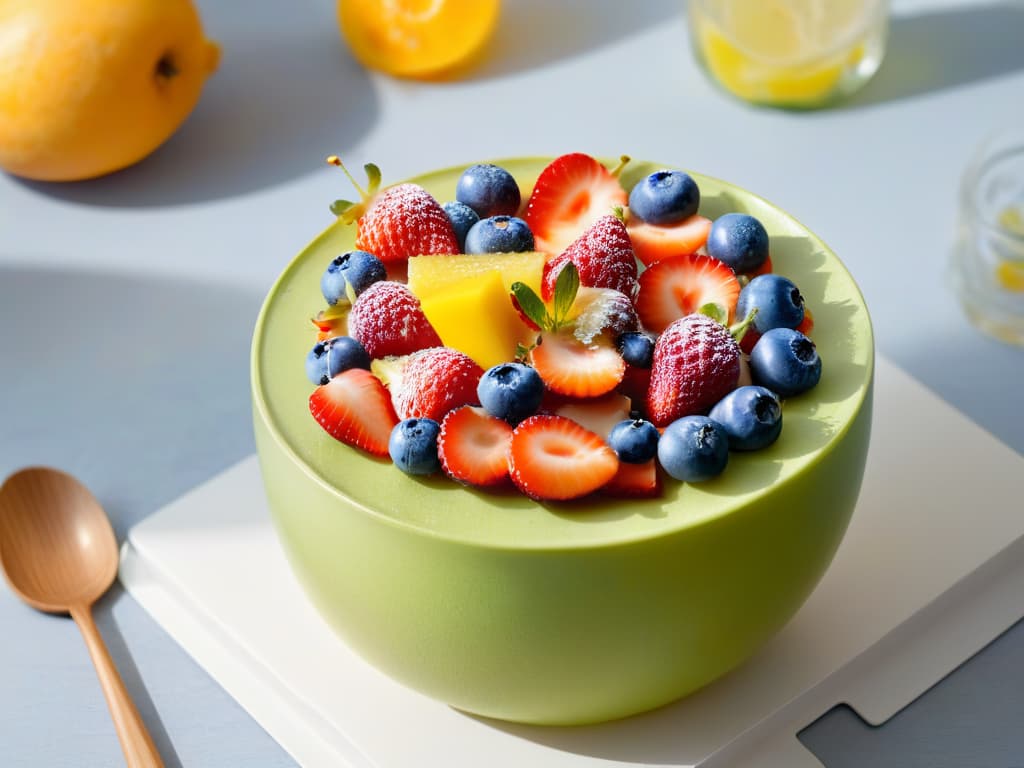  An ultradetailed 8k image of a vibrant, colorful fruit salad arranged meticulously in a sleek, modern white bowl. The fruits, including strawberries, blueberries, kiwis, and mango slices, are perfectly sliced and artfully arranged to create a visually stunning and appetizing display. The natural juices glisten under soft lighting, highlighting the freshness and healthiness of the ingredients. The minimalistic design of the bowl and the simple, elegant presentation of the fruit salad evoke a sense of sophistication and wellness, perfectly complementing the theme of the article on lowsodium, healthy desserts. hyperrealistic, full body, detailed clothing, highly detailed, cinematic lighting, stunningly beautiful, intricate, sharp focus, f/1. 8, 85mm, (centered image composition), (professionally color graded), ((bright soft diffused light)), volumetric fog, trending on instagram, trending on tumblr, HDR 4K, 8K