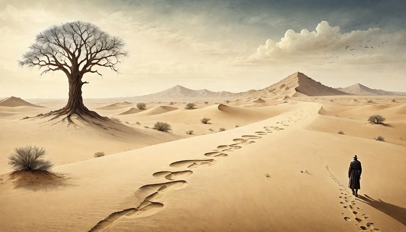  on parchment, surrealism+++, A vast desert with footprints leading to a distant, solitary tree under which sits a figure, representing the journey to self worth beyond the mirage of societal validation, symbolic of hope, resilience in solitude, the quest for internal validation in a barren landscape.(mysterious, provocative, symbolic,muted color)+++