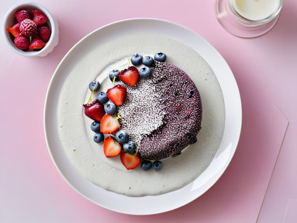  A highresolution, minimalist image of a beautifully crafted chia seed pudding topped with fresh berries and a sprinkle of coconut flakes, presented on a sleek white plate against a soft, pastelcolored background. The focus is on the intricate details of the pudding's texture and the vibrant colors of the berries, creating a visually striking and appetizing composition that embodies the essence of healthy and glutenfree dessert alternatives in a sophisticated and elegant manner. hyperrealistic, full body, detailed clothing, highly detailed, cinematic lighting, stunningly beautiful, intricate, sharp focus, f/1. 8, 85mm, (centered image composition), (professionally color graded), ((bright soft diffused light)), volumetric fog, trending on instagram, trending on tumblr, HDR 4K, 8K