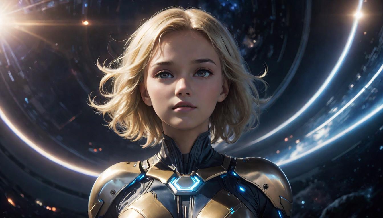  1girl, large busted attractive blonde arian female humanoid, eyes closed, surrounded by celestial light and gentle cosmic energy, theme of openness and receptivity, high tech clothing clad in sleek, futuristic costume with metallic accents and form fitting designs, marvel superhero comics style, unreal engine rendering