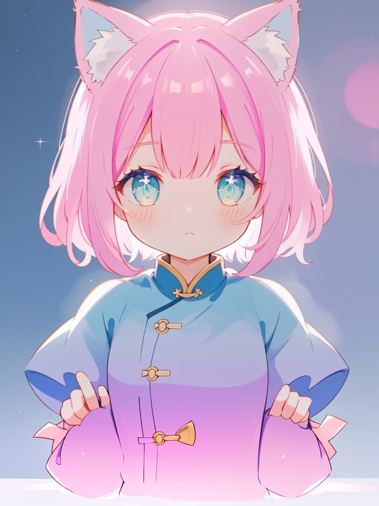  Cat ears, pink hair, china clothing, color blue, one, bob hair, moe, cute, face up, masterpiece, best quality,8k,ultra detailed,high resolution,an extremely delicate and beautiful,hyper detail hyperrealistic, full body, detailed clothing, highly detailed, cinematic lighting, stunningly beautiful, intricate, sharp focus, f/1. 8, 85mm, (centered image composition), (professionally color graded), ((bright soft diffused light)), volumetric fog, trending on instagram, trending on tumblr, HDR 4K, 8K