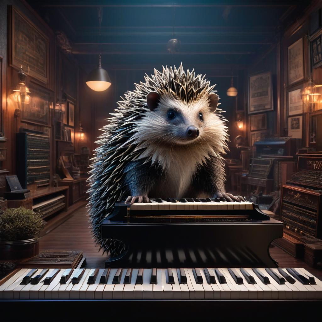  stacked papercut art of Punk rock, hedgehog pianist, plays the piano in the club. . 3D, layered, dimensional, depth, precision cut, stacked layers, papercut, high contrast hyperrealistic, full body, detailed clothing, highly detailed, cinematic lighting, stunningly beautiful, intricate, sharp focus, f/1. 8, 85mm, (centered image composition), (professionally color graded), ((bright soft diffused light)), volumetric fog, trending on instagram, trending on tumblr, HDR 4K, 8K