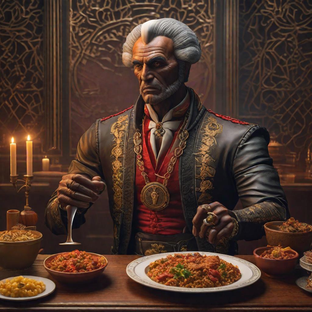  Alastor con un plato de jambalaya hyperrealistic, full body, detailed clothing, highly detailed, cinematic lighting, stunningly beautiful, intricate, sharp focus, f/1. 8, 85mm, (centered image composition), (professionally color graded), ((bright soft diffused light)), volumetric fog, trending on instagram, trending on tumblr, HDR 4K, 8K