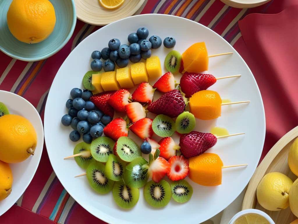  A stunning, ultradetailed image of a vibrant array of colorful fruit skewers, neatly arranged on a sleek, modern white platter. The fruits are perfectly sliced and artfully arranged, showcasing a variety of textures and colors like succulent strawberries, juicy oranges, ripe kiwis, and bright blueberries. The background is softly blurred, emphasizing the freshness and natural beauty of the fruits, with a subtle play of light and shadows adding depth to the composition. This minimalistic yet captivating image conveys the essence of healthy, detoxifying desserts in a visually appealing and appetizing manner. hyperrealistic, full body, detailed clothing, highly detailed, cinematic lighting, stunningly beautiful, intricate, sharp focus, f/1. 8, 85mm, (centered image composition), (professionally color graded), ((bright soft diffused light)), volumetric fog, trending on instagram, trending on tumblr, HDR 4K, 8K