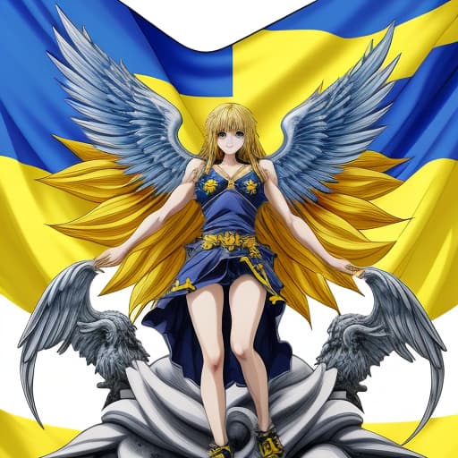  A detailed anime full body portrait of Archangel St. Michael warrior crushing the neck of Lucifer. Ukraine flag in the background. Beautiful blue sky. Sunflowers on the ground