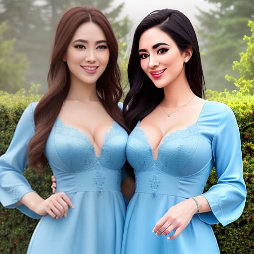  two girls smiling to each other and holding blue flour hyperrealistic, full body, detailed clothing, highly detailed, cinematic lighting, stunningly beautiful, intricate, sharp focus, f/1. 8, 85mm, (centered image composition), (professionally color graded), ((bright soft diffused light)), volumetric fog, trending on instagram, trending on tumblr, HDR 4K, 8K