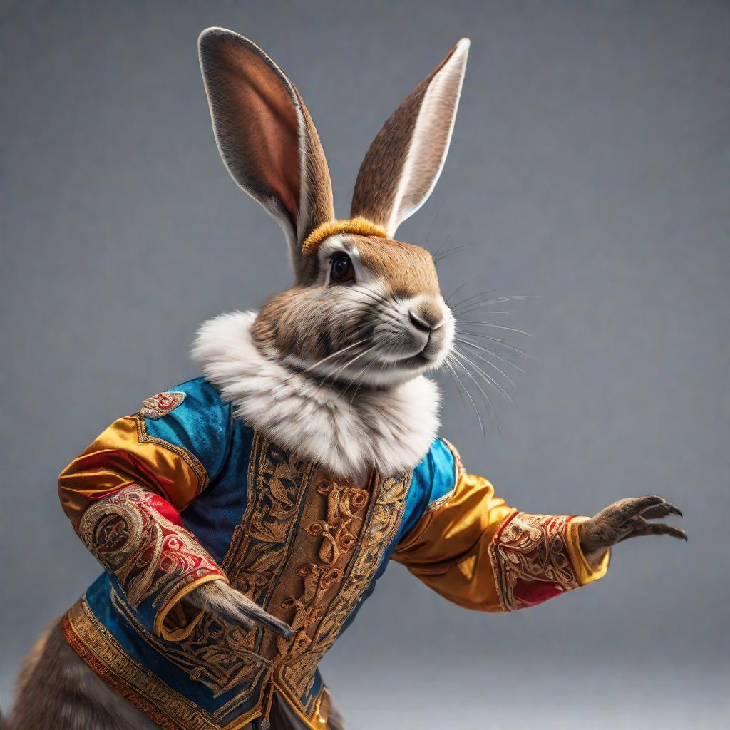  Conejo bailando la canción de peso pluma bellaqueo hyperrealistic, full body, detailed clothing, highly detailed, cinematic lighting, stunningly beautiful, intricate, sharp focus, f/1. 8, 85mm, (centered image composition), (professionally color graded), ((bright soft diffused light)), volumetric fog, trending on instagram, trending on tumblr, HDR 4K, 8K