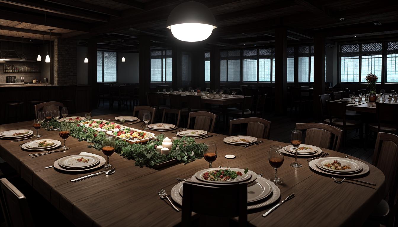  cinematic, aesthetic, A large table with an inviting feast, empty chairs around it, symbolizing making room for everyone, diverse dishes, welcoming atmosphere, harmony, inclusivity, warm tones, 4k, HDR, lens flare